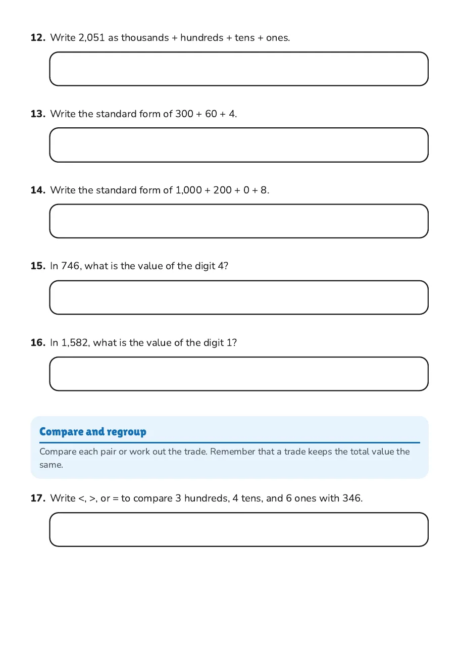 Base-Ten Block Place Value Practice, page 3 of 5: Compare and regroup