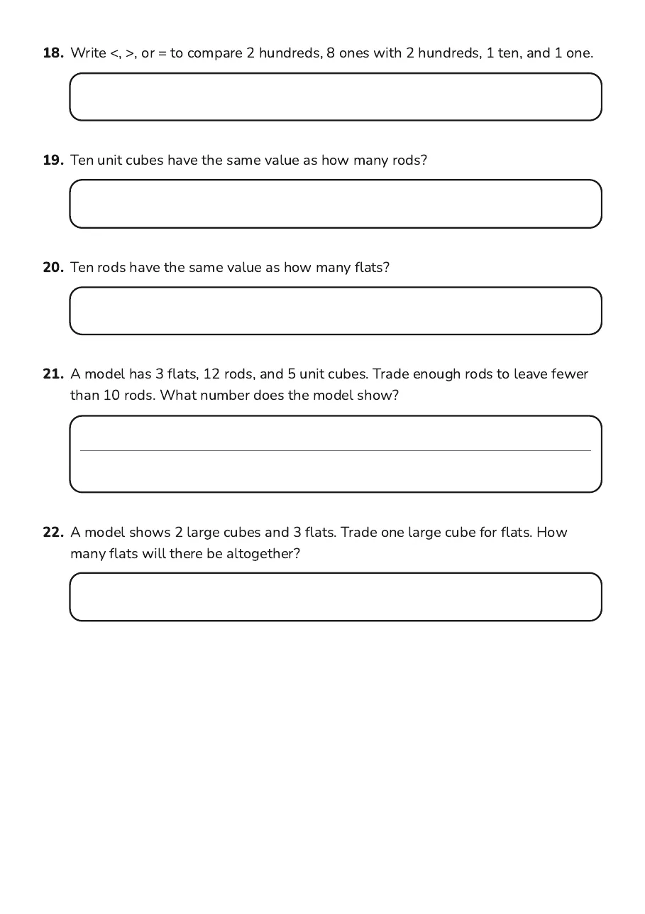 Base-Ten Block Place Value Practice, page 4 of 5: 18. Write <, >, or = to compare 2 hundreds, 8 ones with 2 hundreds, 1 ten, and 1 one.
