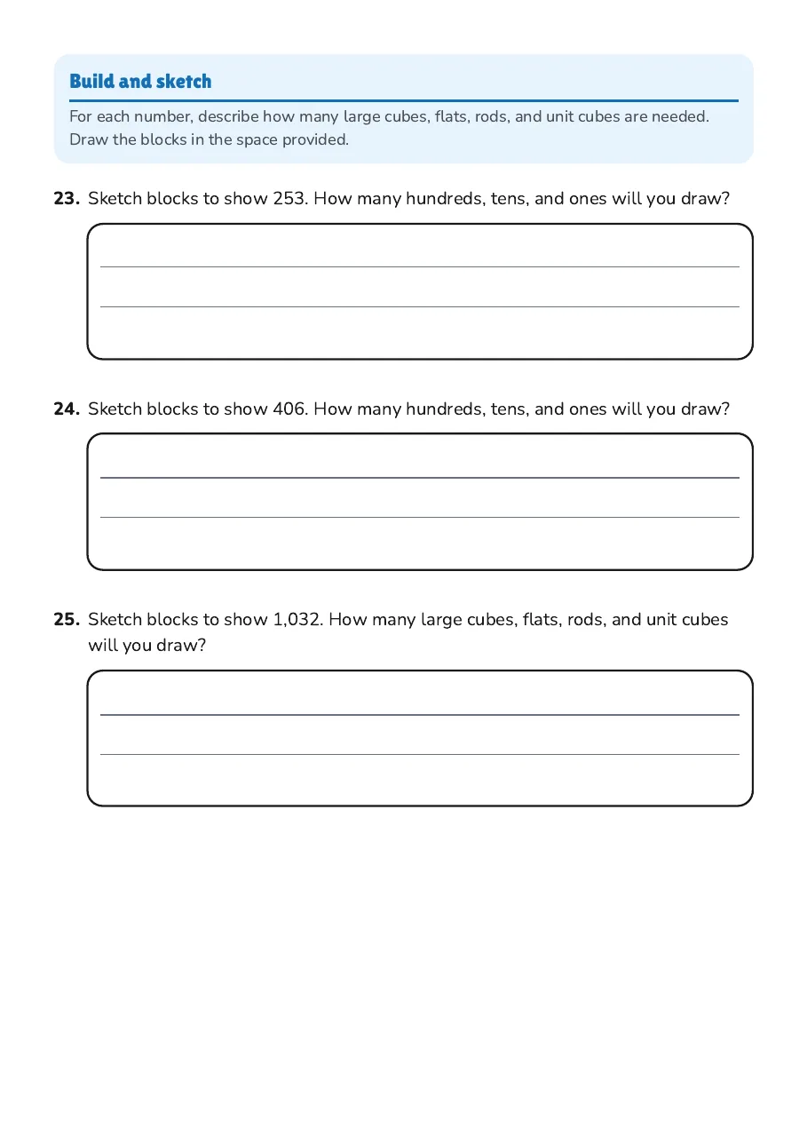 Base-Ten Block Place Value Practice, page 5 of 5: Build and sketch