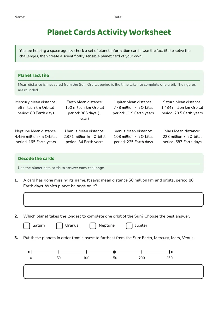 Planet Cards Activity Worksheet, page 1 of 3: Planet fact file, Decode the cards