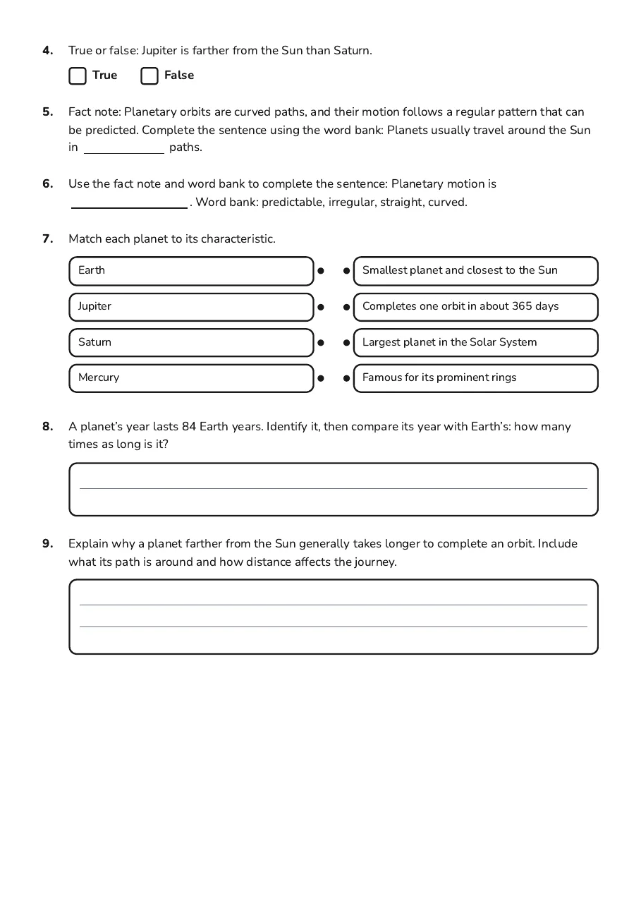 Planet Cards Activity Worksheet, page 2 of 3: 4. True or false: Jupiter is farther from the Sun than Saturn.