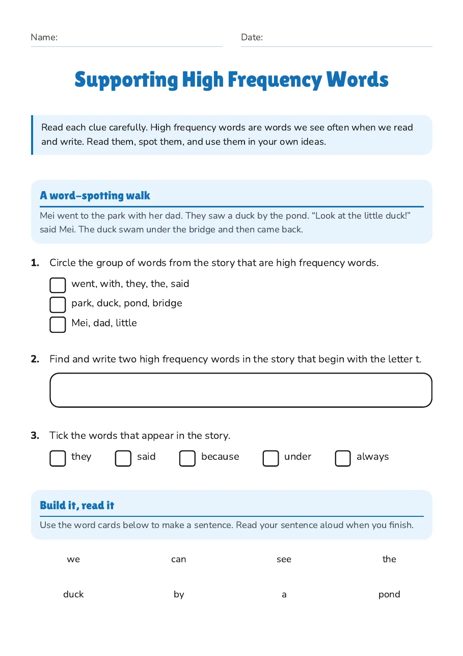 Supporting High Frequency Words, page 1 of 2: A word-spotting walk, Build it, read it
