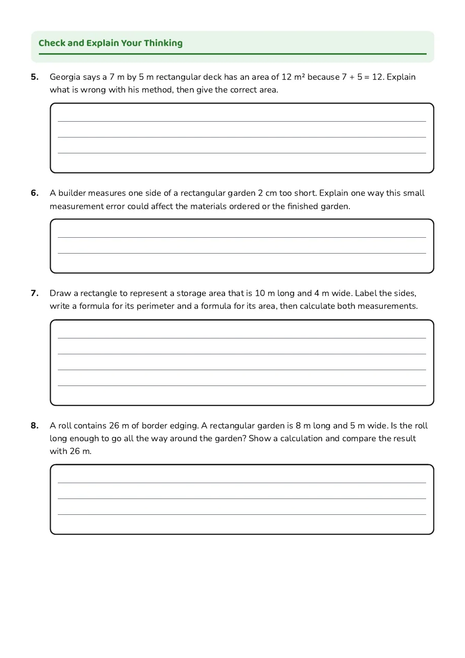 Year 8 geometry questions on explaining measurement errors, drawing a labelled rectangle, and checking edging requirements.