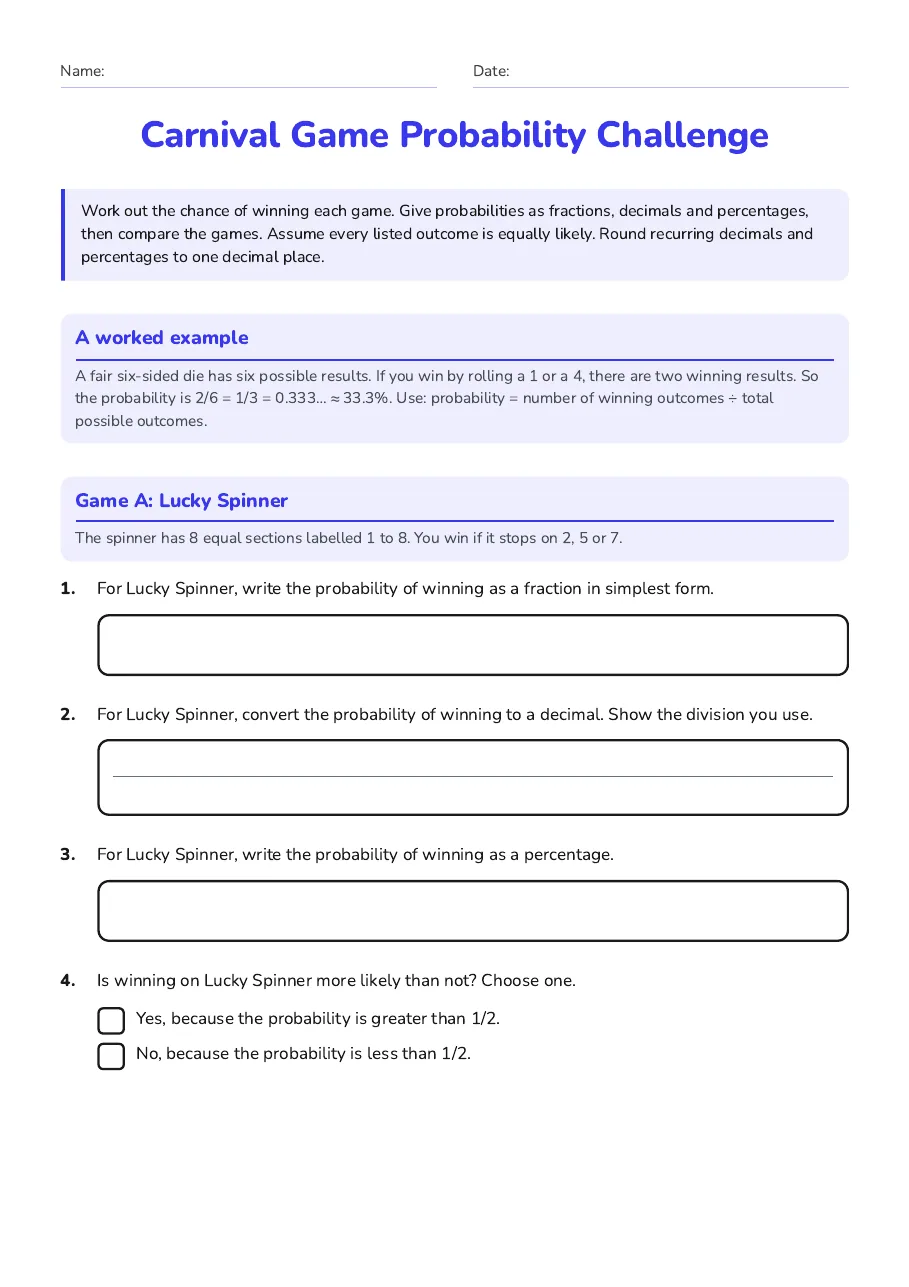 Carnival Game Probability Challenge, page 1 of 3: A worked example, Game A: Lucky Spinner