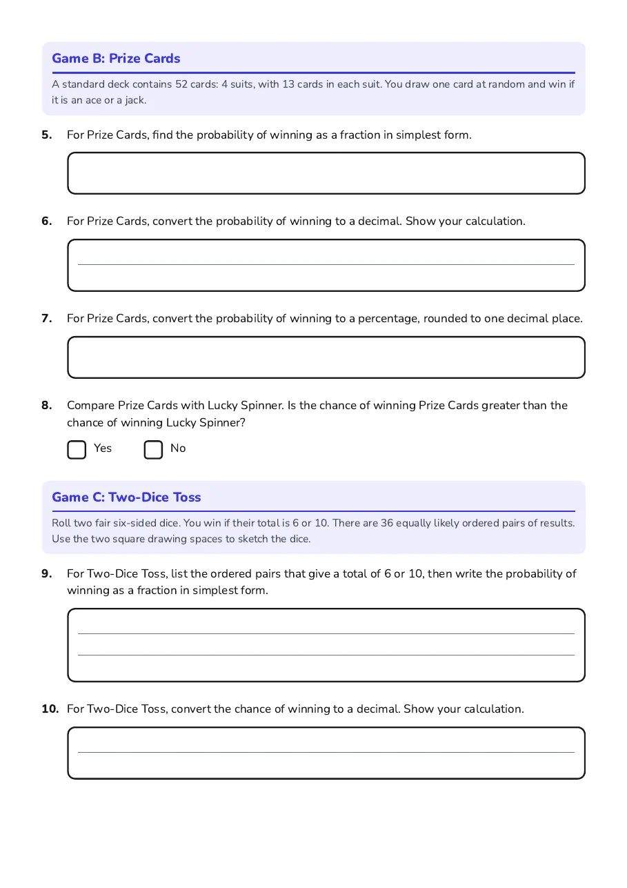 Carnival Game Probability Challenge, page 2 of 3: Game B: Prize Cards, Game C: Two-Dice Toss
