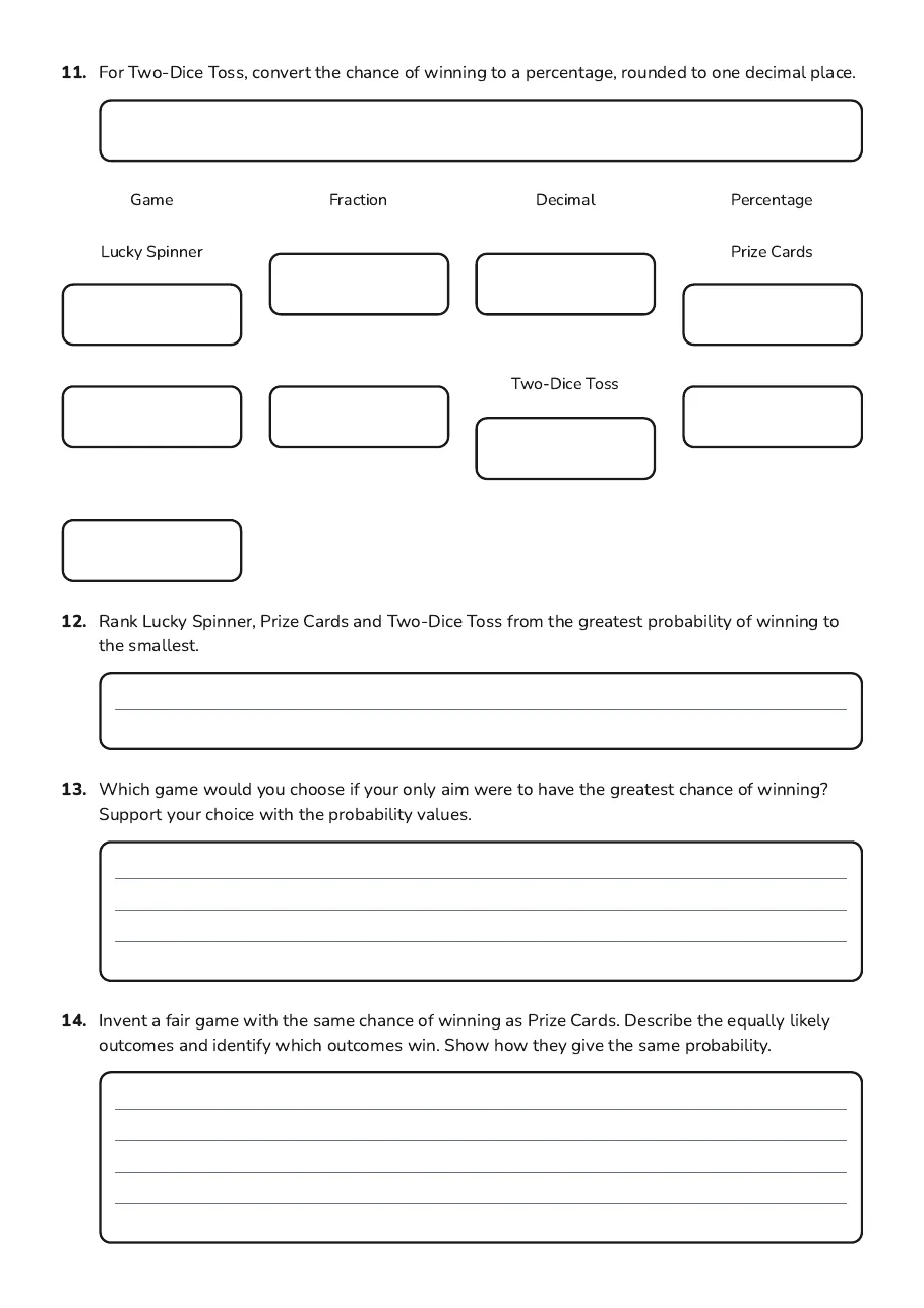 Carnival Game Probability Challenge, page 3 of 3: 11. For Two-Dice Toss, convert the chance of winning to a percentage, rounded to one…