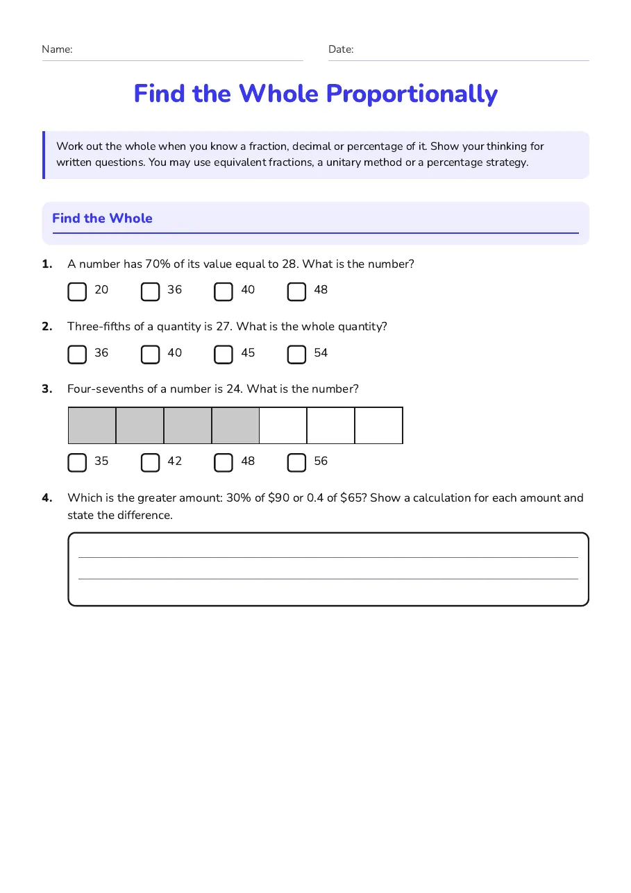 Find the Whole Proportionally, page 1 of 3: Find the Whole