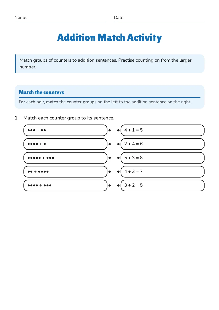 Addition Match Activity, page 1 of 3: Match the counters