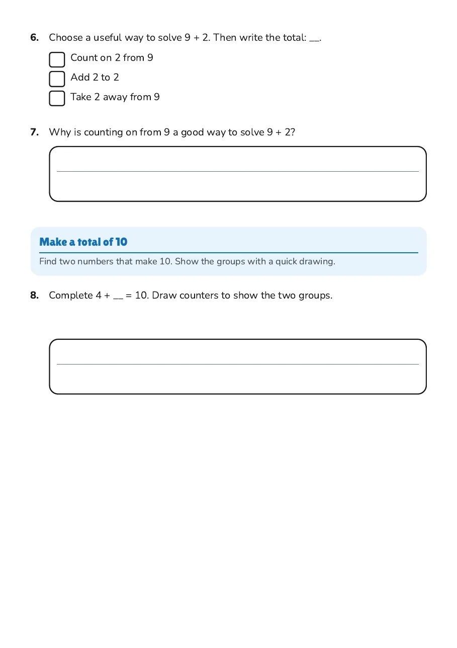Addition Match Activity, page 3 of 3: Count on, Make a total of 10