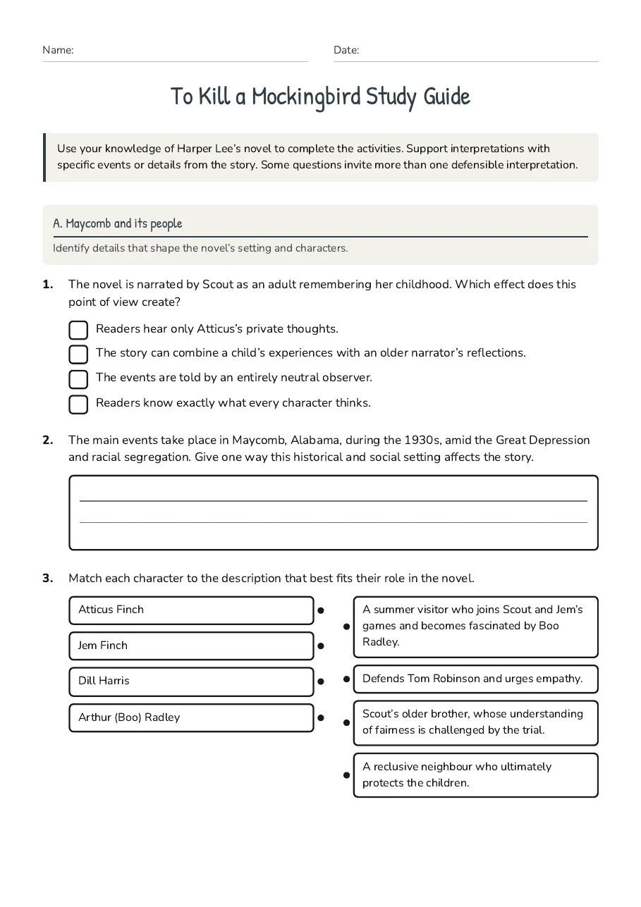 To Kill a Mockingbird Study Guide, page 1 of 3: A. Maycomb and its people