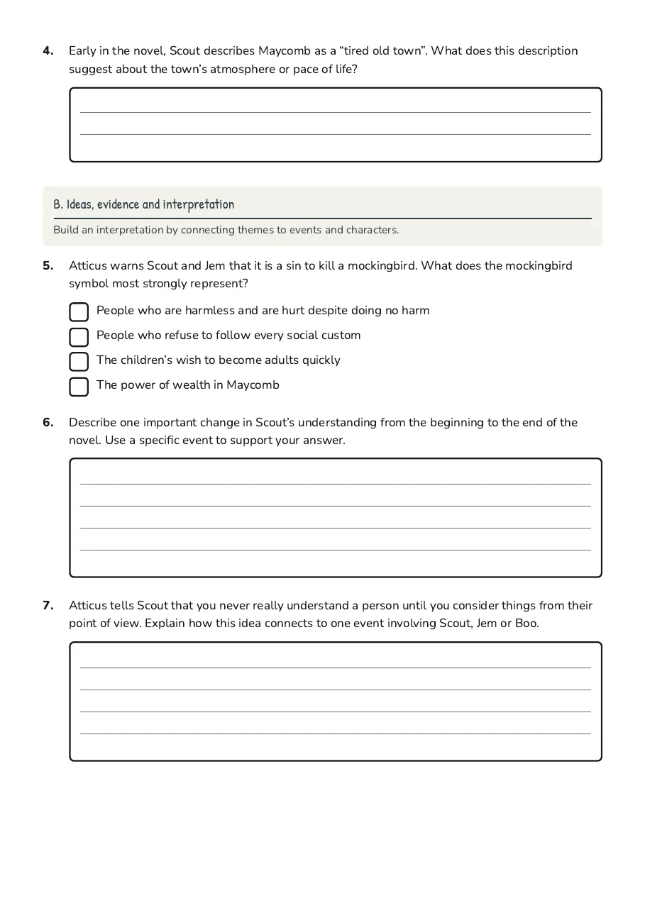 To Kill a Mockingbird Study Guide, page 2 of 3: B. Ideas, evidence and interpretation