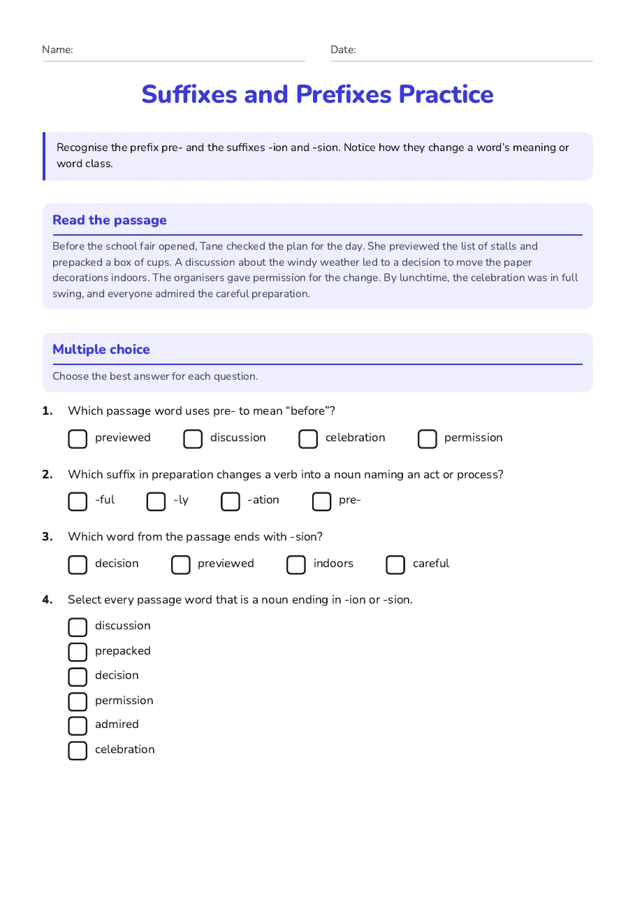 Suffixes and Prefixes Practice, page 1 of 2: Read the passage, Multiple choice
