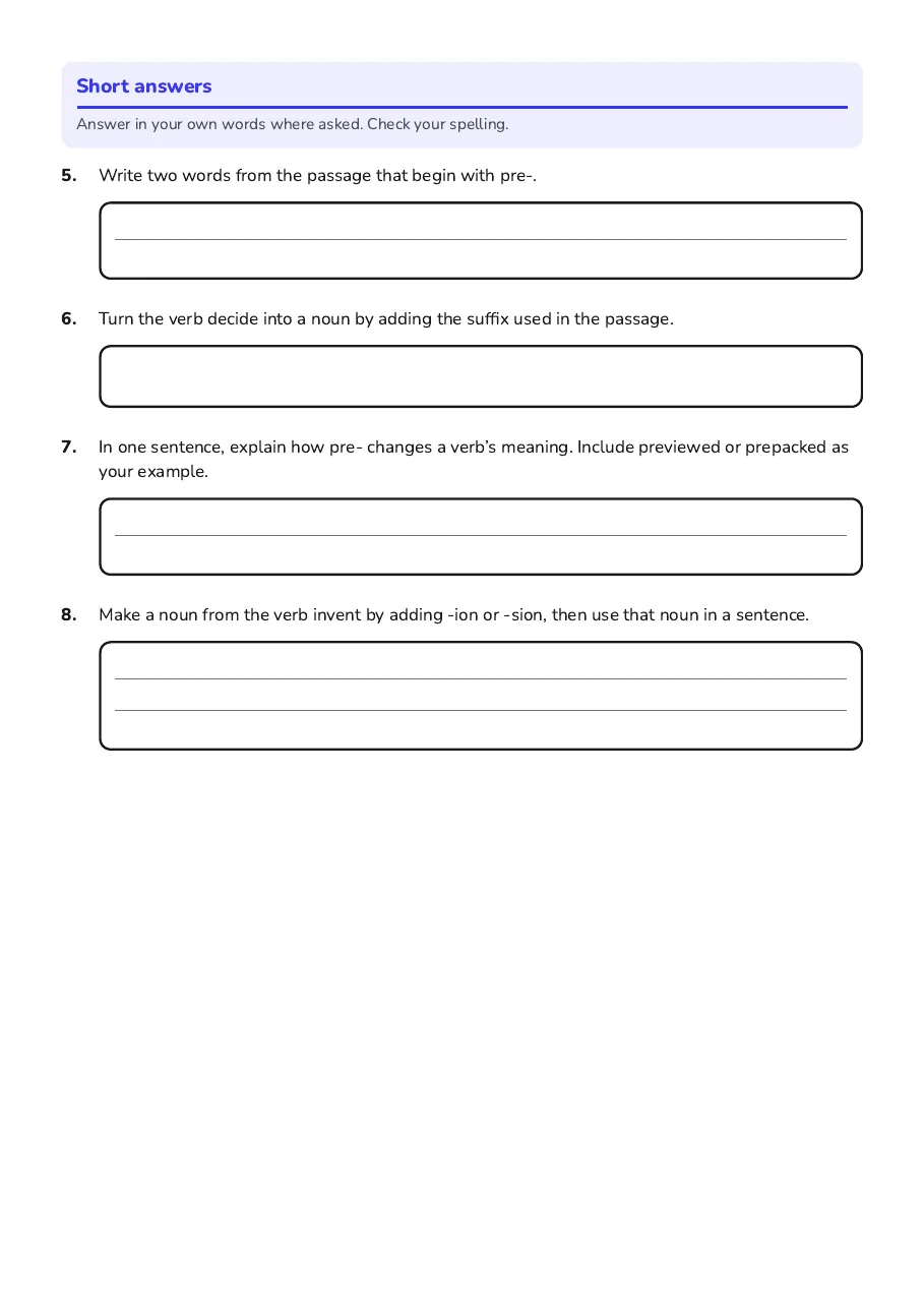 Suffixes and Prefixes Practice, page 2 of 2: Short answers