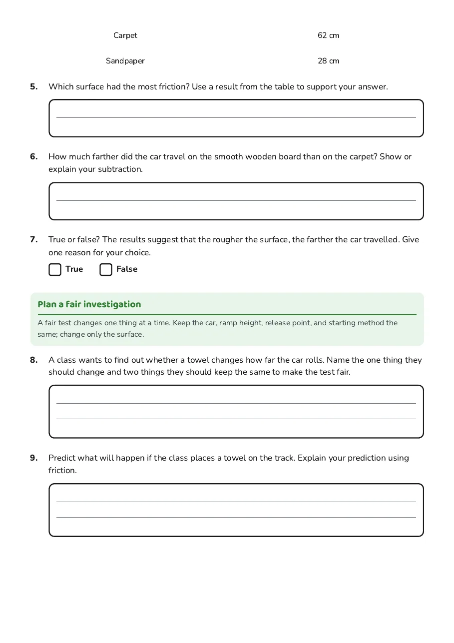 Forces and Friction Exploration, page 2 of 3: Plan a fair investigation