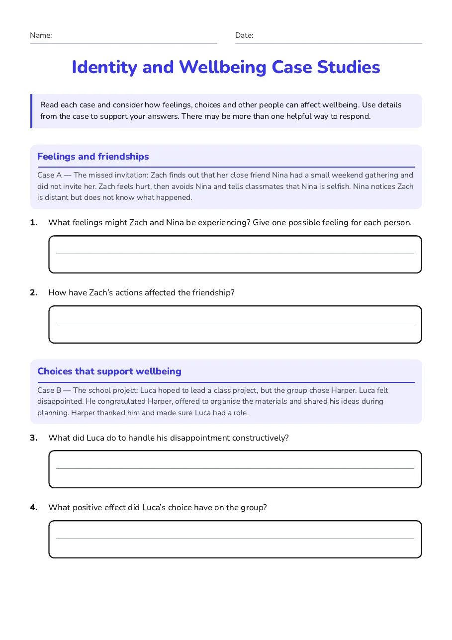 Identity and Wellbeing Case Studies, page 1 of 3: Feelings and friendships, Choices that support wellbeing