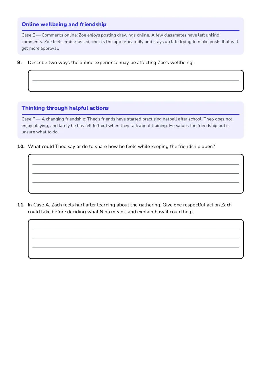 Identity and Wellbeing Case Studies, page 3 of 3: Online wellbeing and friendship, Thinking through helpful actions