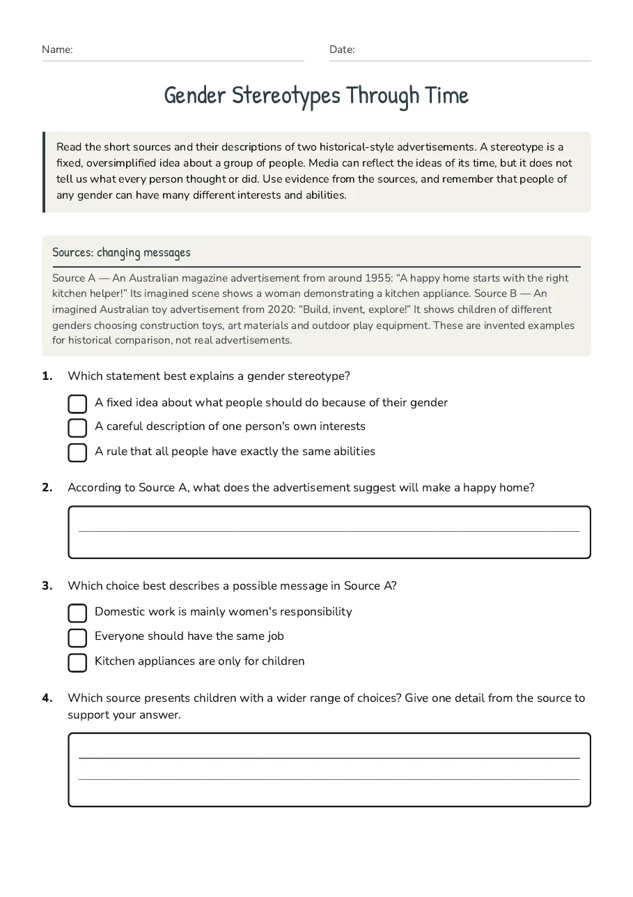 Gender Stereotypes Through Time, page 1 of 2: Sources: changing messages