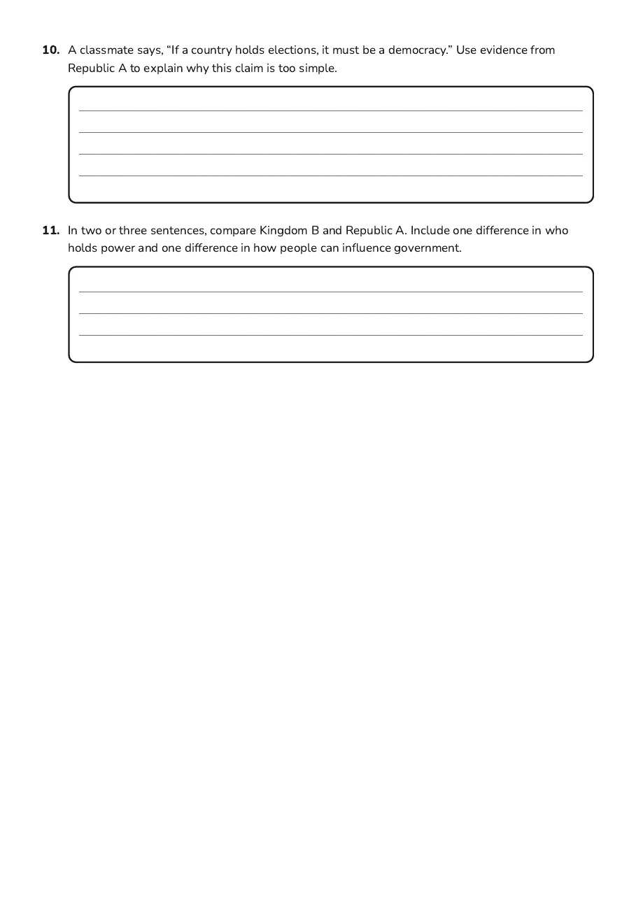 Exploring Government Systems, page 4 of 4: 10. A classmate says, “If a country holds elections, it must be a democracy.” Use…