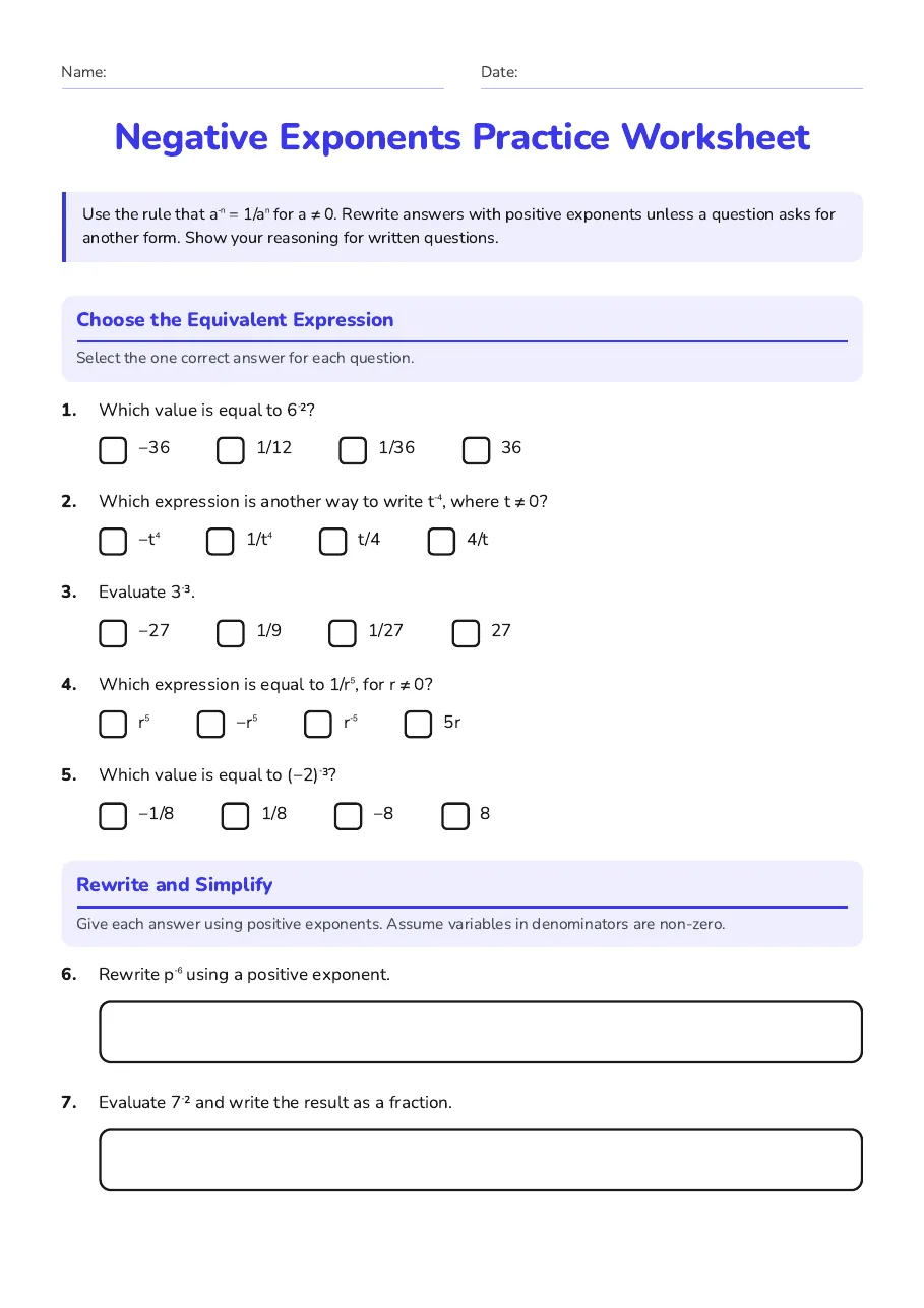 Negative Exponents Practice Worksheet, page 1 of 3: Choose the Equivalent Expression, Rewrite and Simplify