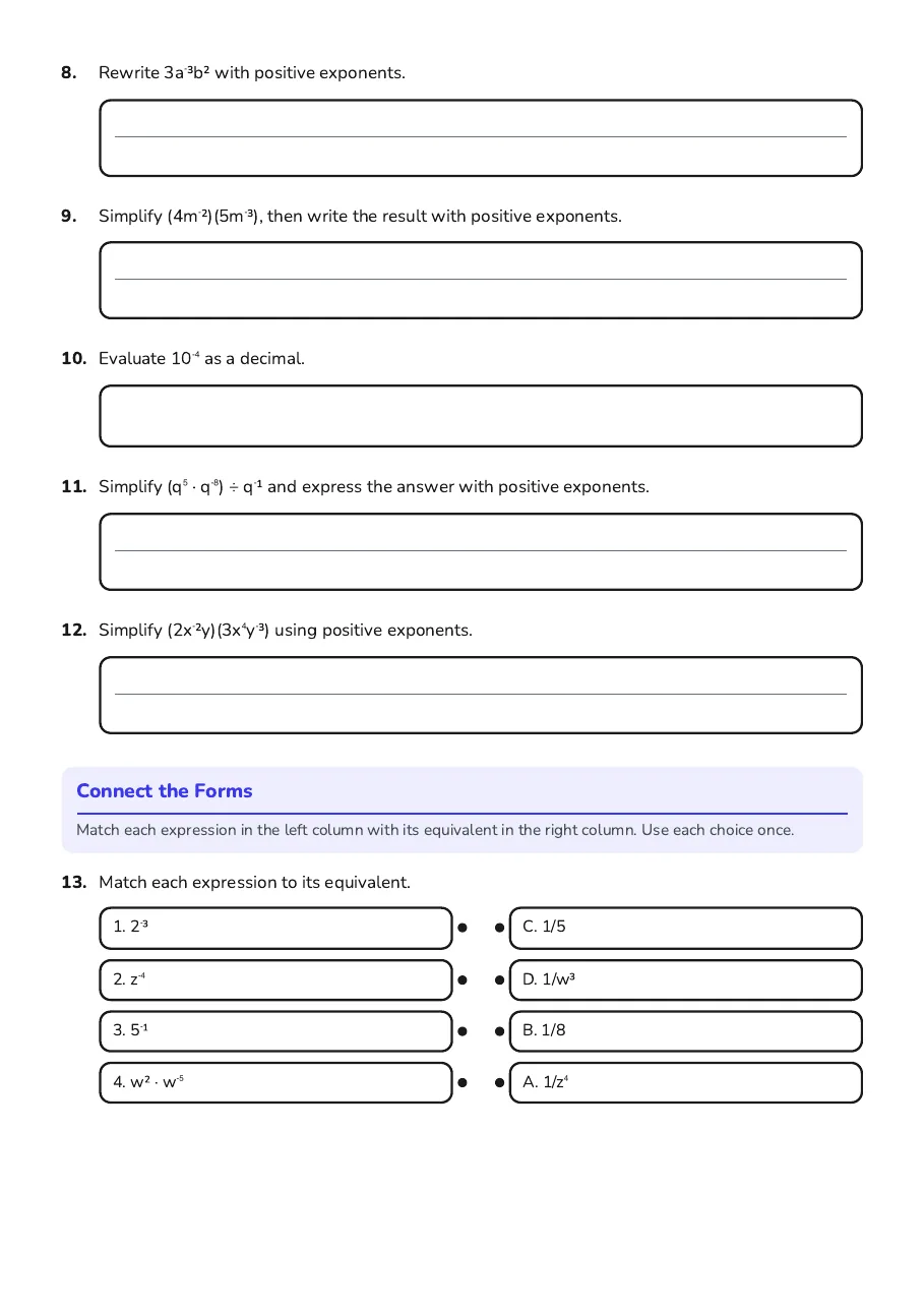 Negative Exponents Practice Worksheet, page 2 of 3: Connect the Forms