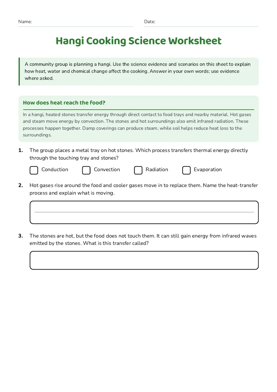 Hangi Cooking Science Worksheet, page 1 of 3: How does heat reach the food?