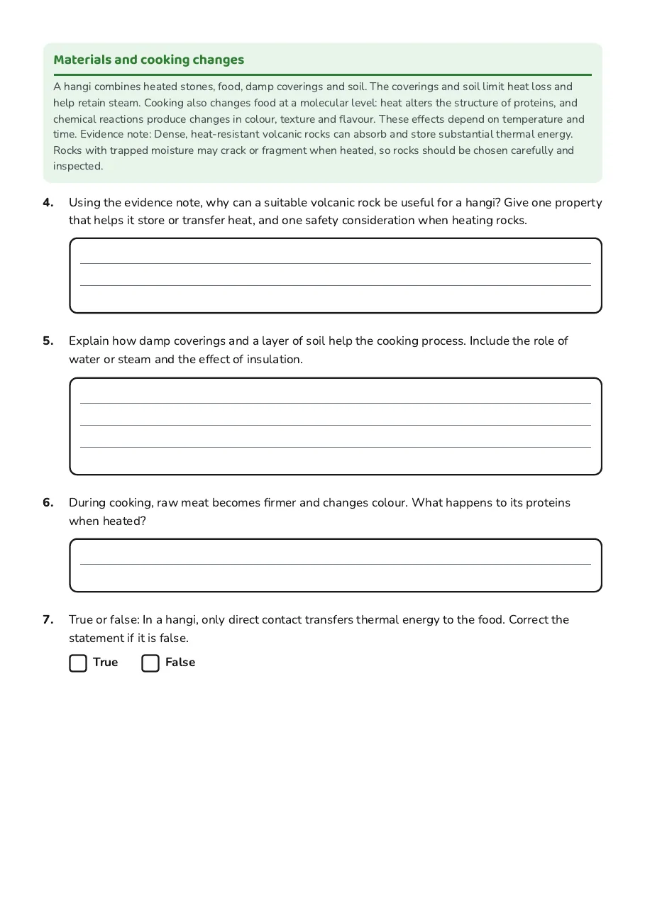 Hangi Cooking Science Worksheet, page 2 of 3: Materials and cooking changes