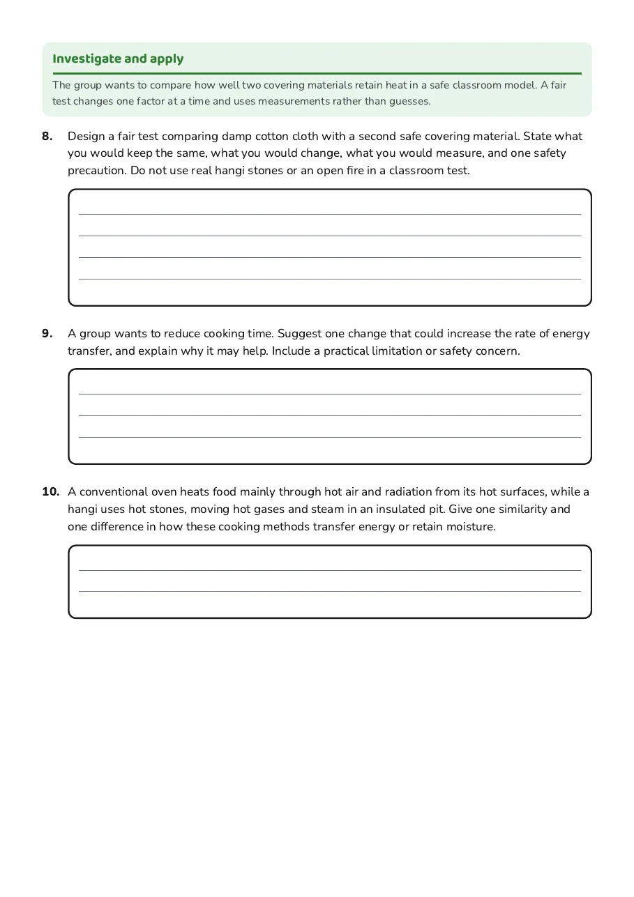 Hangi Cooking Science Worksheet, page 3 of 3: Investigate and apply