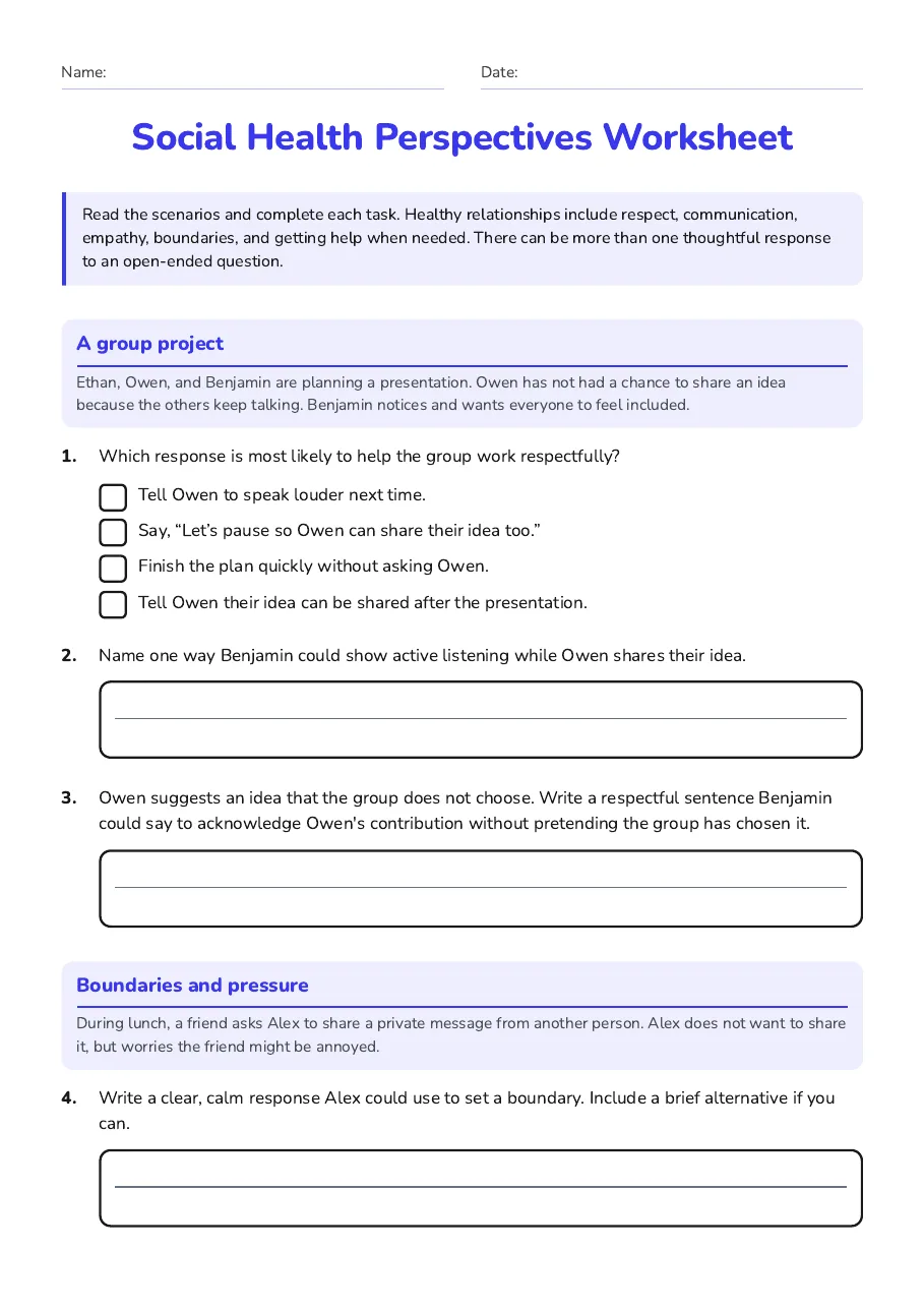 Social health worksheet introducing respectful relationships, listening, empathy, boundaries and accountability.