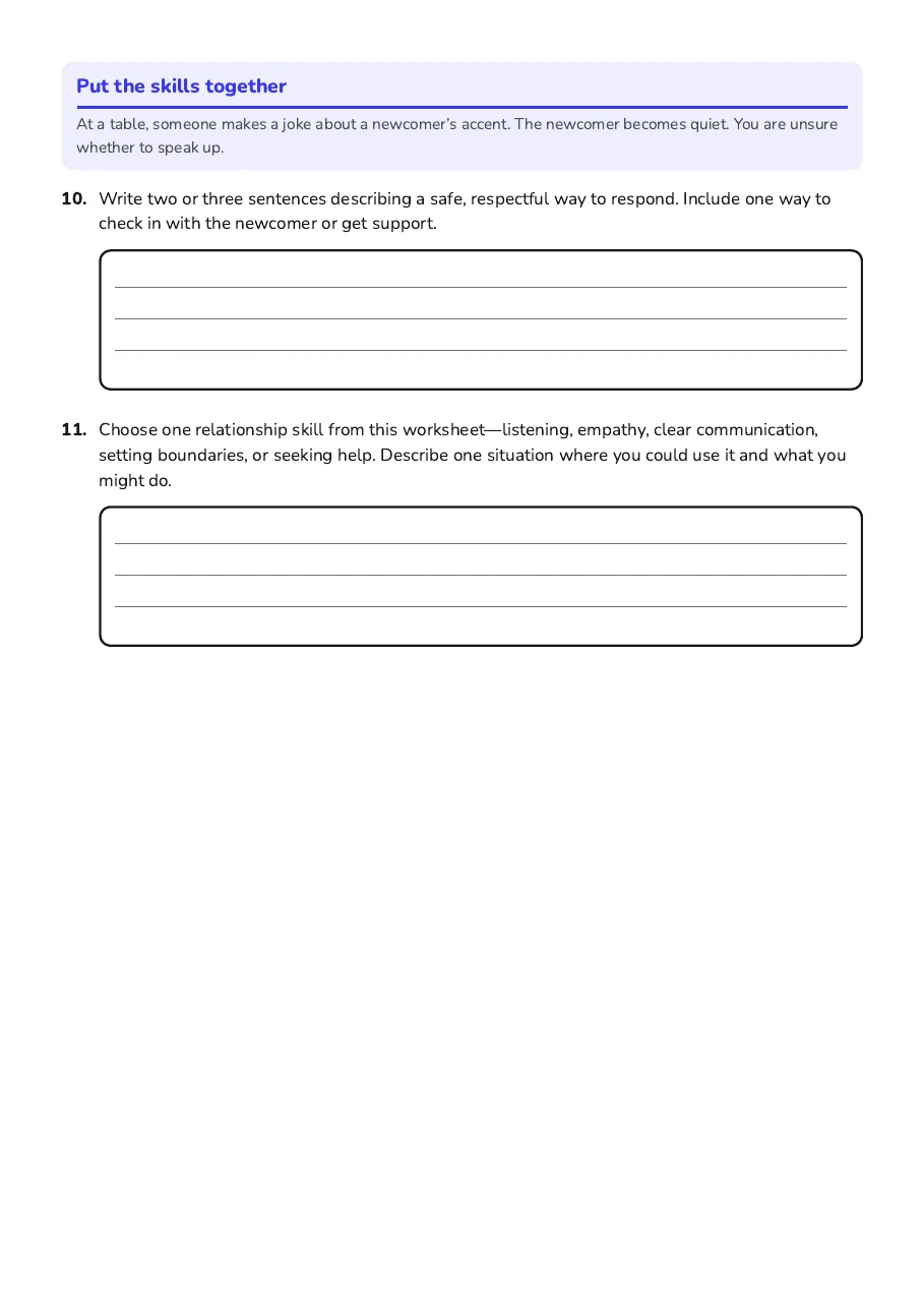 Relationship decision guide and scenario questions about communication, consent, safety and perspective-taking.