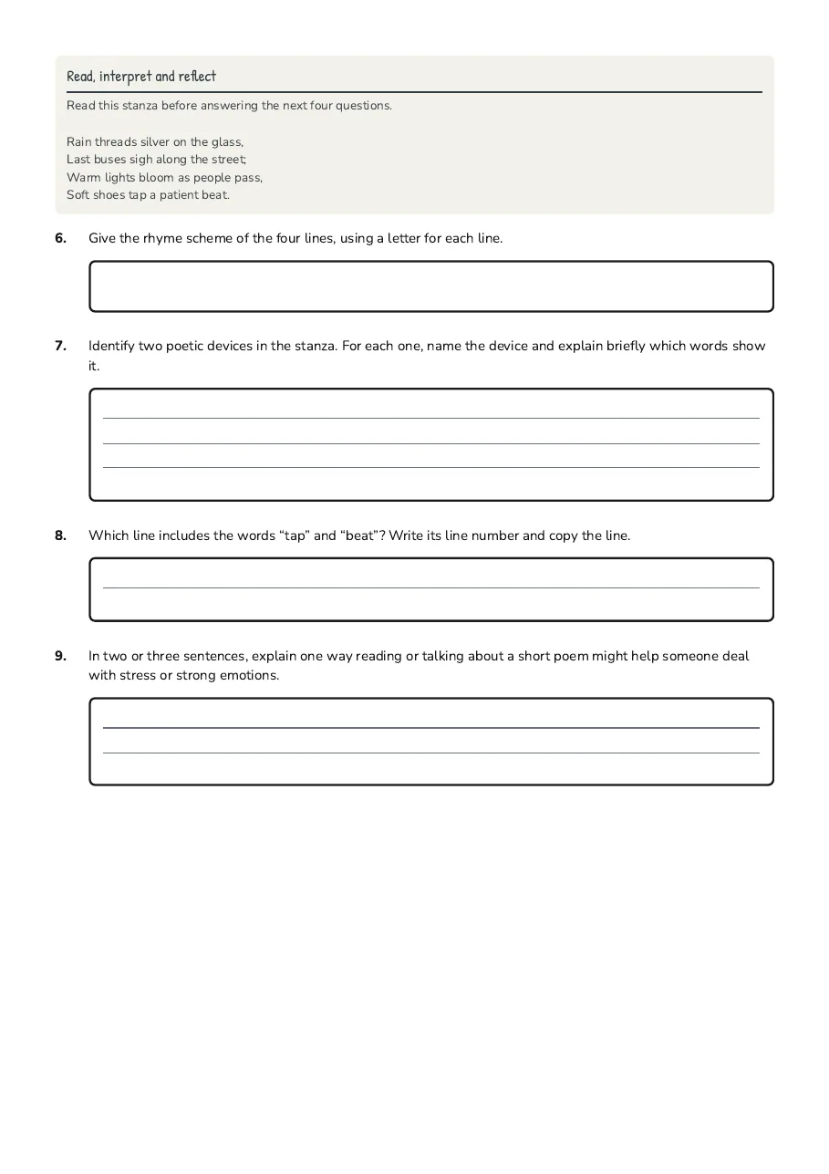 Original poem “A Quiet Crossing” with questions about rhyme, imagery, sound, mood and emotional wellbeing.