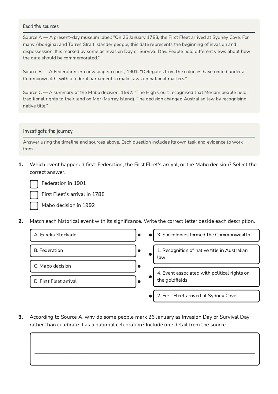 Australia's Historical Journey, page 2 of 3: Read the sources, Investigate the journey