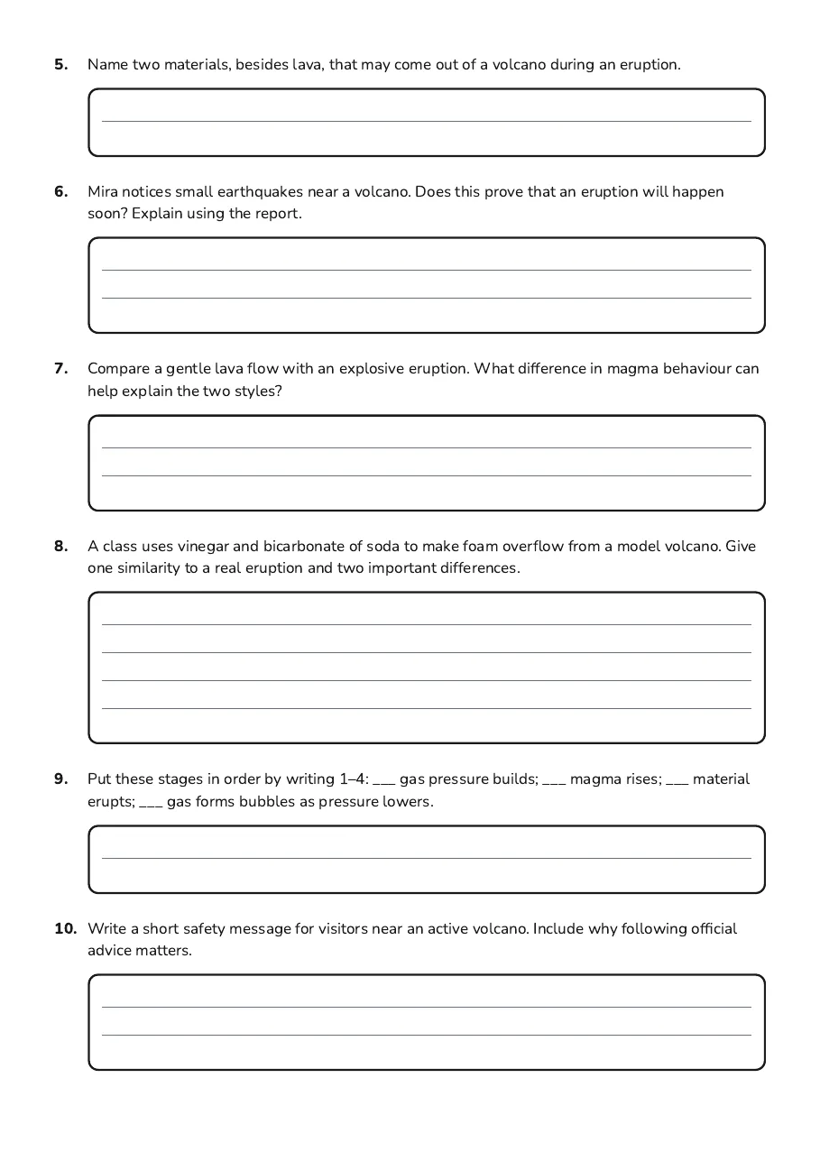 Volcano eruption investigation questions about magma, pressure, eruption materials, monitoring and model volcanoes.