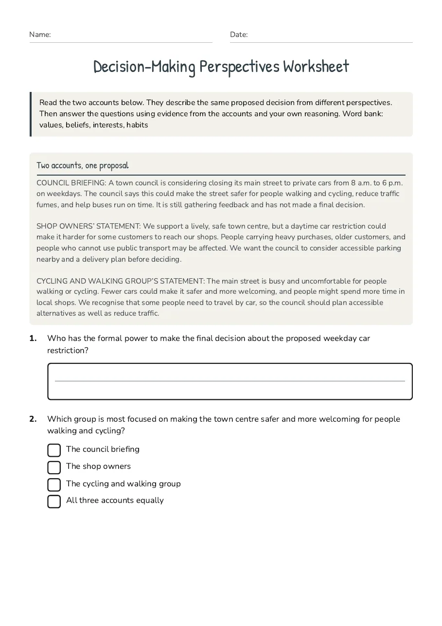 Decision-Making Perspectives Worksheet, page 1 of 3: Two accounts, one proposal