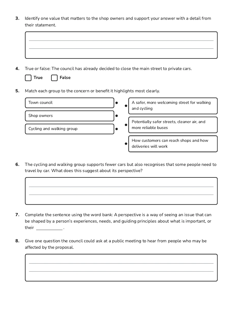 Decision-Making Perspectives Worksheet, page 2 of 3: 3. Identify one value that matters to the shop owners and support your answer with a…