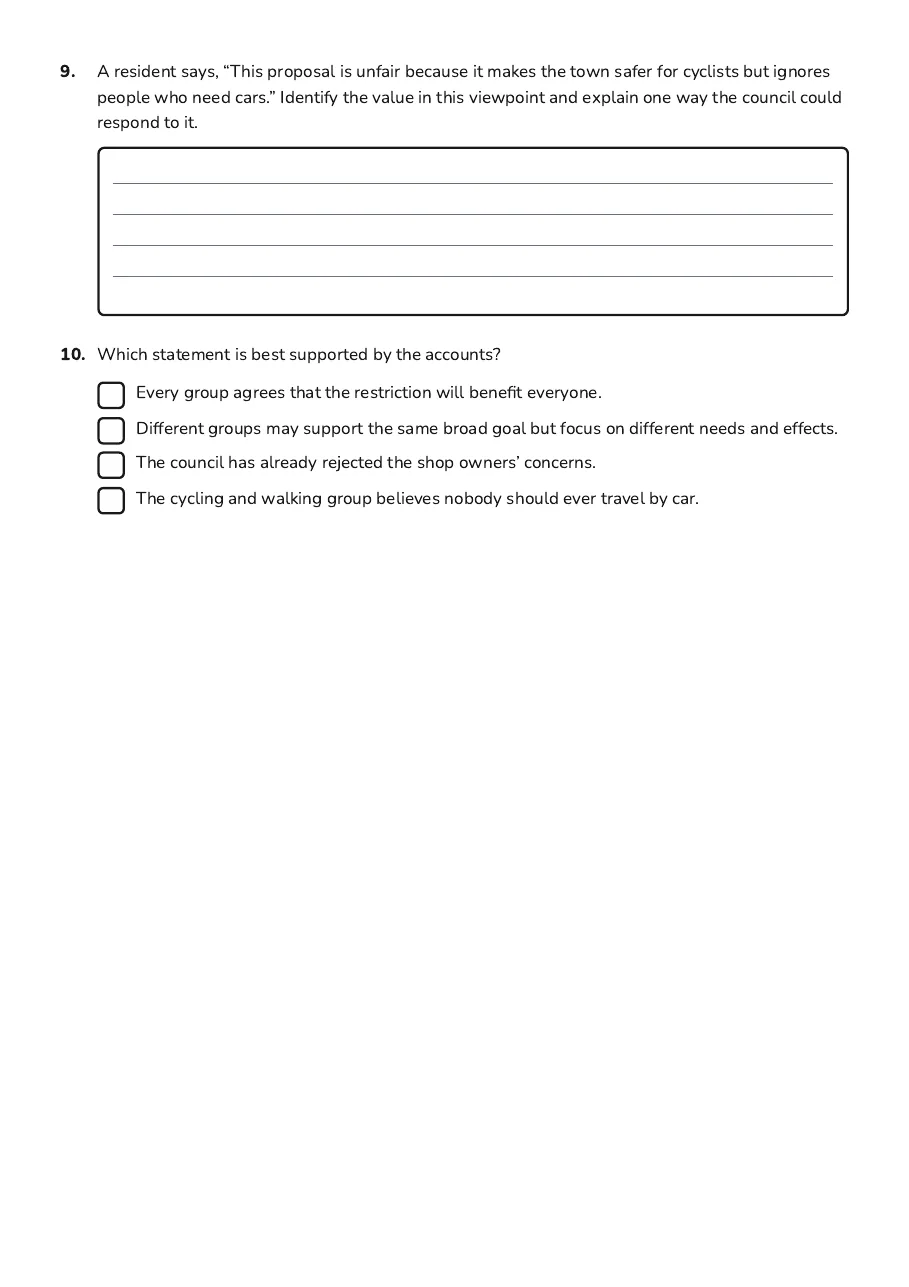 Decision-Making Perspectives Worksheet, page 3 of 3: 9. A resident says, “This proposal is unfair because it makes the town safer for cyclists…