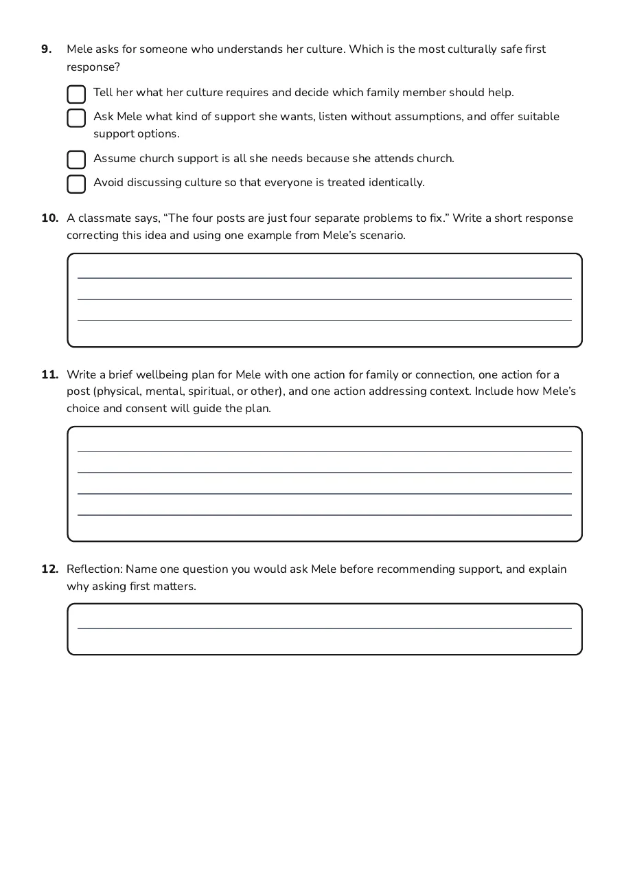 Fonofale Model of Health, page 3 of 3: 9. Mele asks for someone who understands her culture. Which is the most culturally safe…