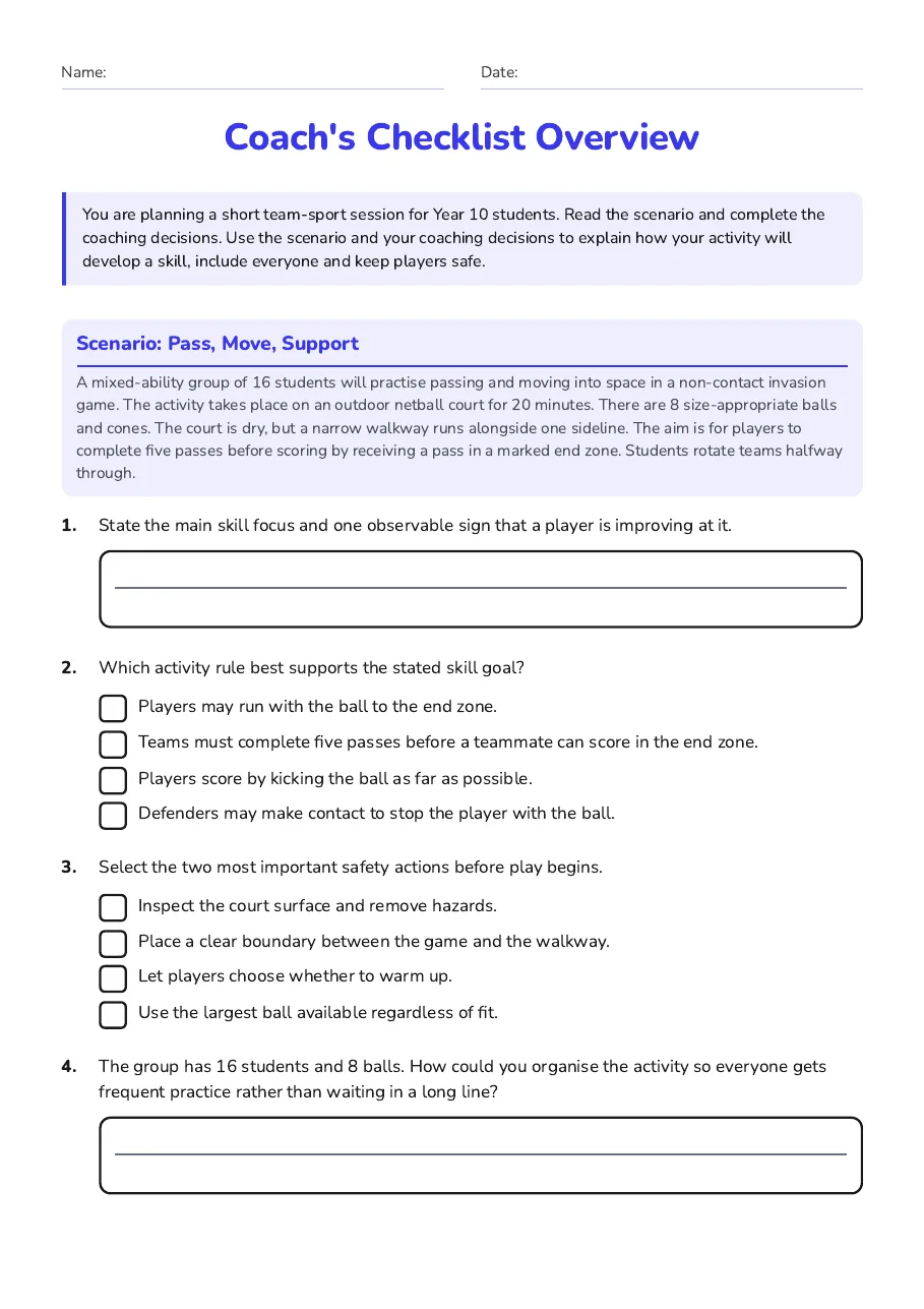 Coach's Checklist Overview, page 1 of 3: Scenario: Pass, Move, Support