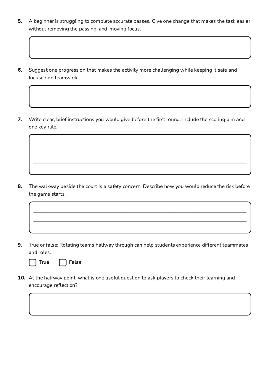 Coach's Checklist Overview, page 2 of 3: 5. A beginner is struggling to complete accurate passes. Give one change that makes the…