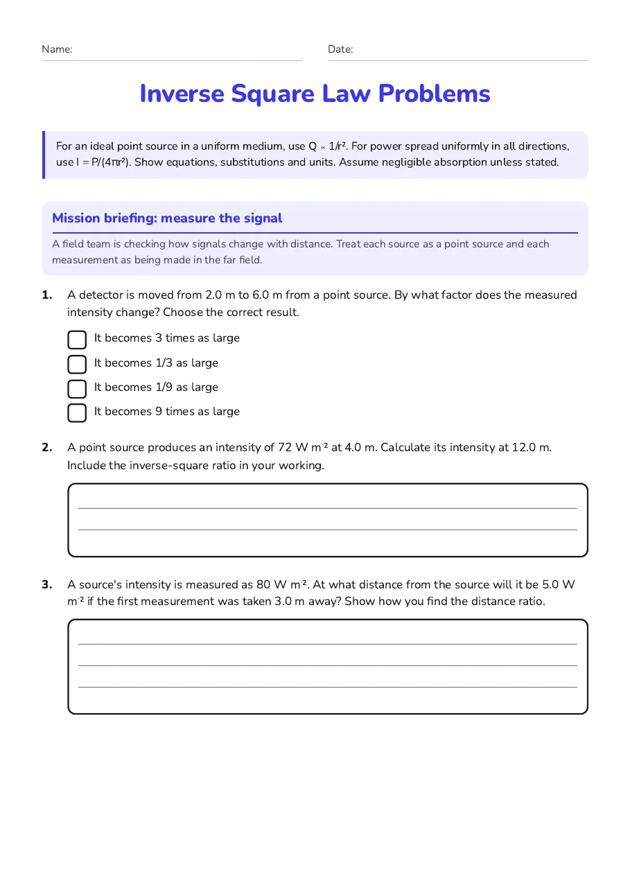 Inverse Square Law Problems, page 1 of 3: Mission briefing: measure the signal