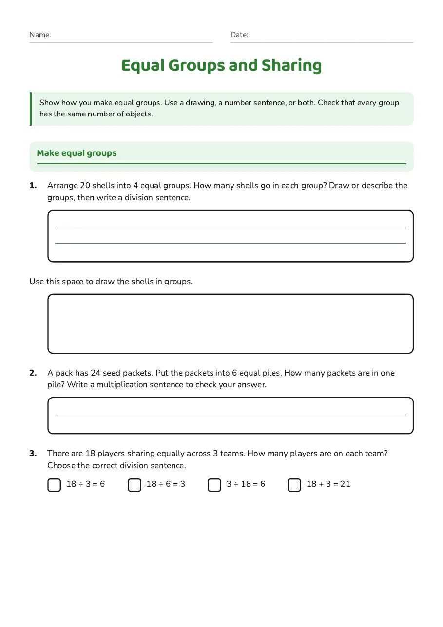 Equal Groups and Sharing, page 1 of 3: Make equal groups