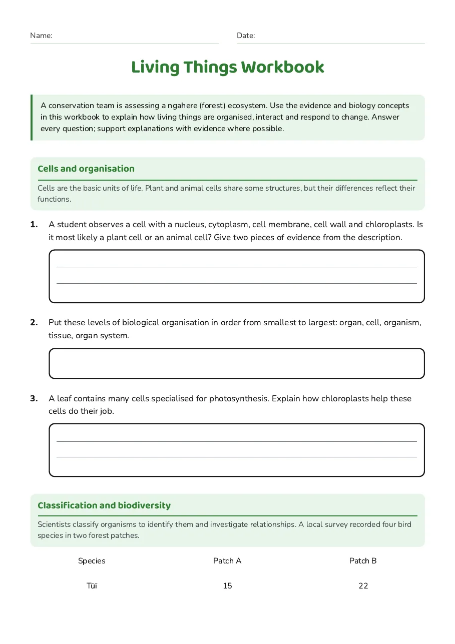 Living Things Workbook, page 1 of 4: Cells and organisation, Classification and biodiversity