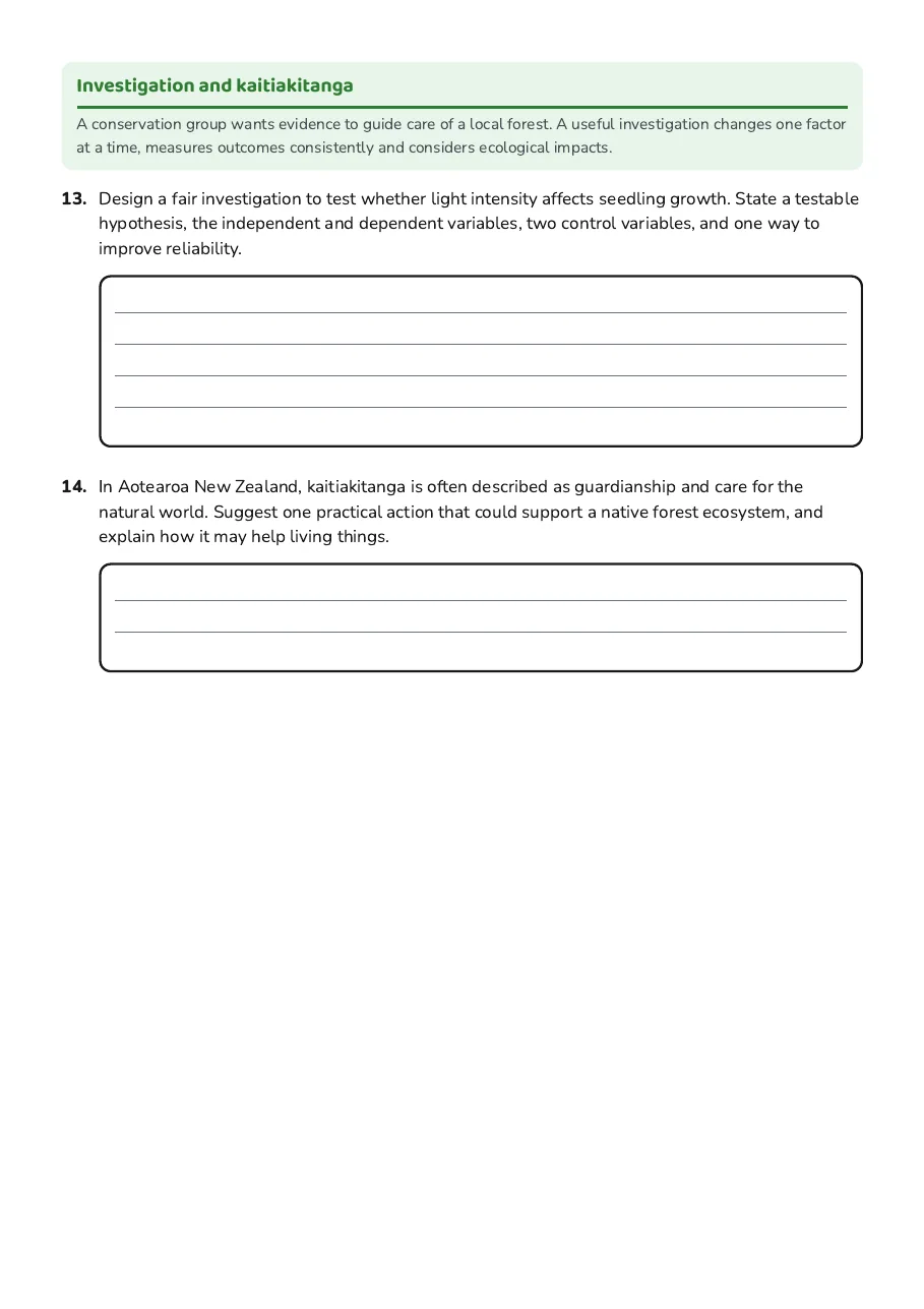 Living Things Workbook, page 4 of 4: Investigation and kaitiakitanga