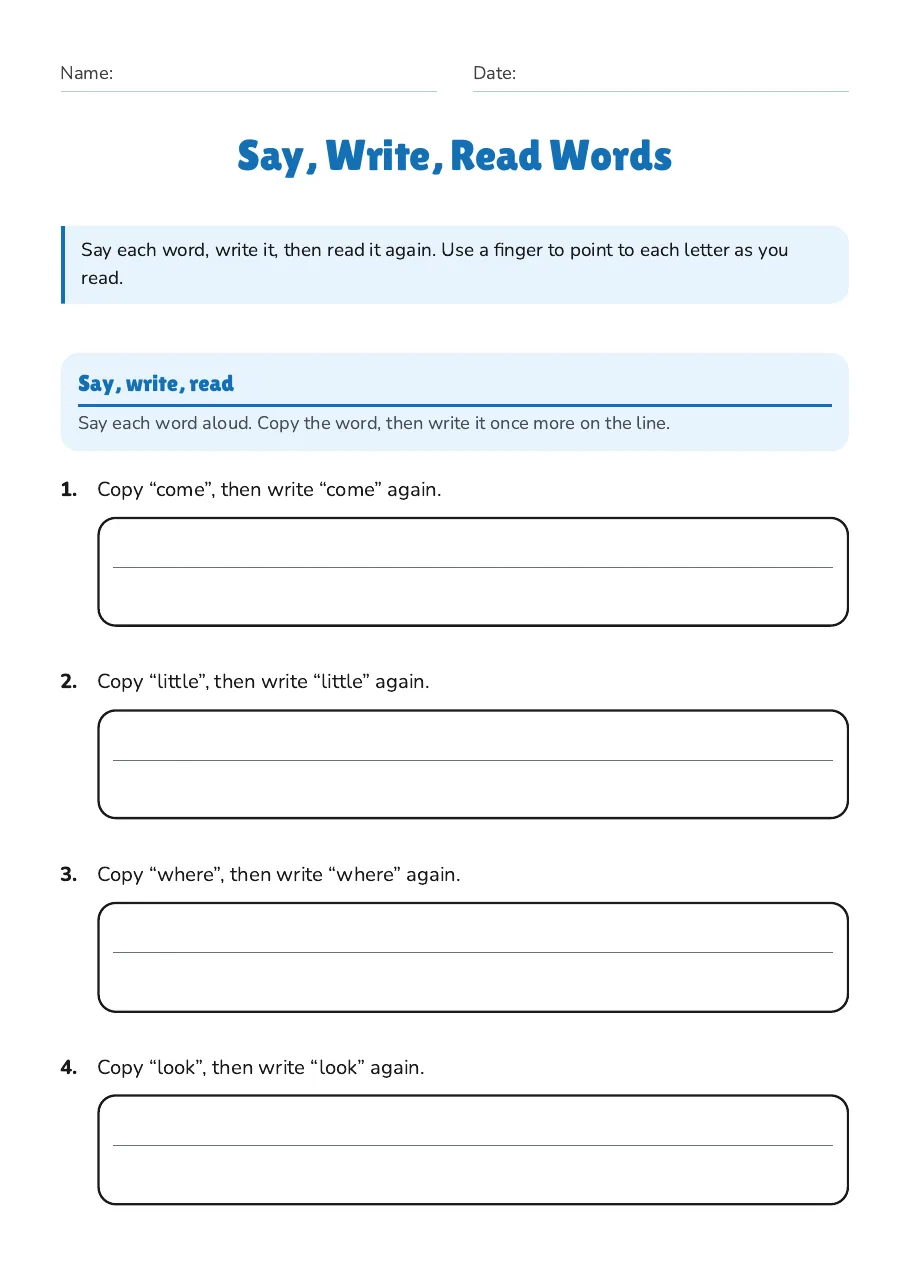 Say, Write, Read Words, page 1 of 3: Say, write, read