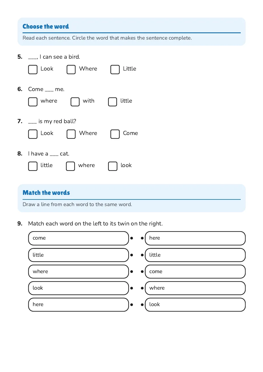 Say, Write, Read Words, page 2 of 3: Choose the word, Match the words