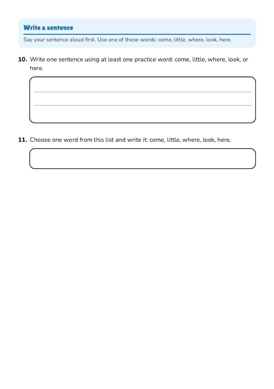 Say, Write, Read Words, page 3 of 3: Write a sentence