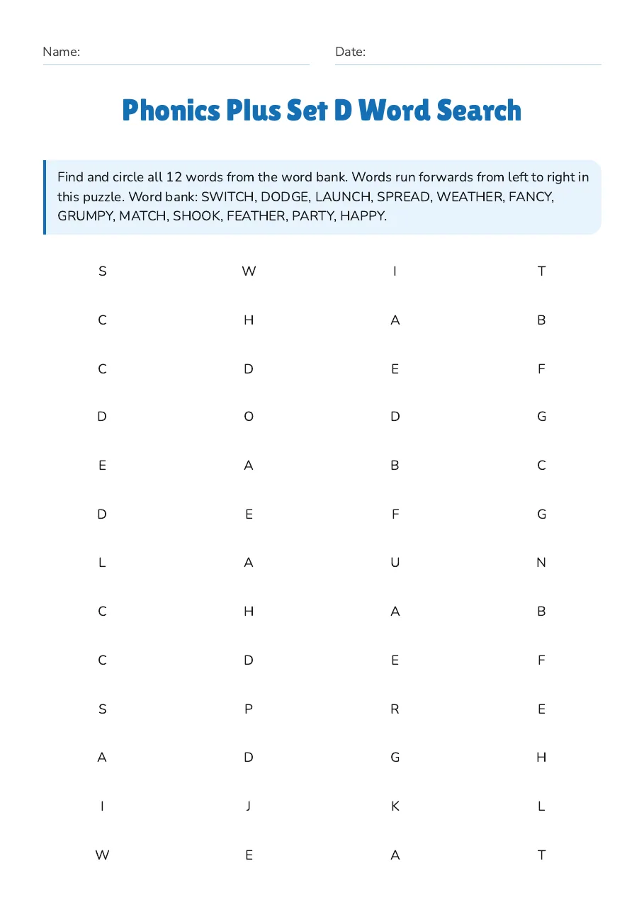 Phonics Plus Set D Word Search, page 1 of 4: Find and circle all 12 words from the word bank. Words run forwards from left to right in