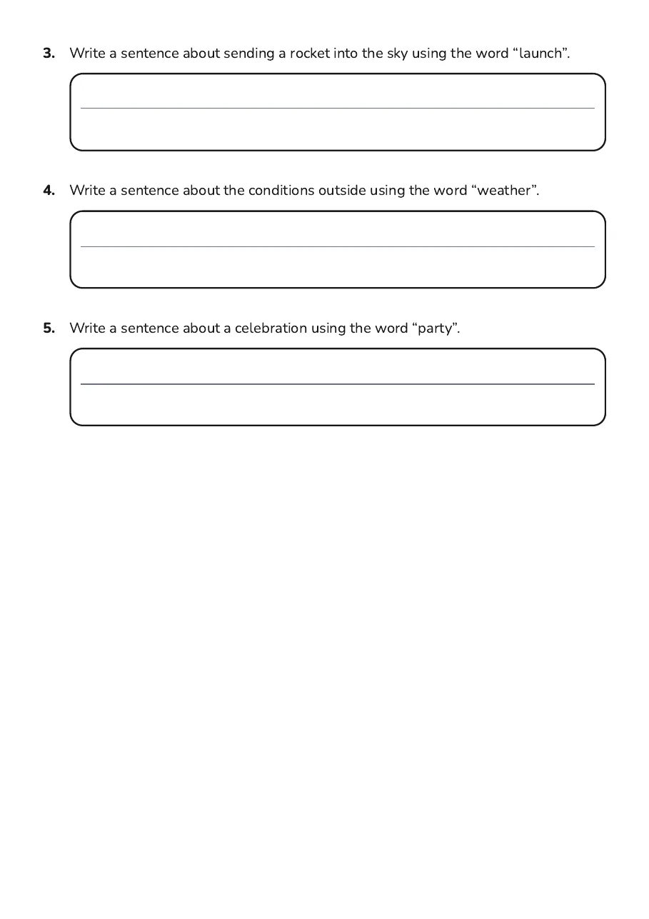 Phonics Plus Set D Word Search, page 4 of 4: 3. Write a sentence about sending a rocket into the sky using the word “launch”.