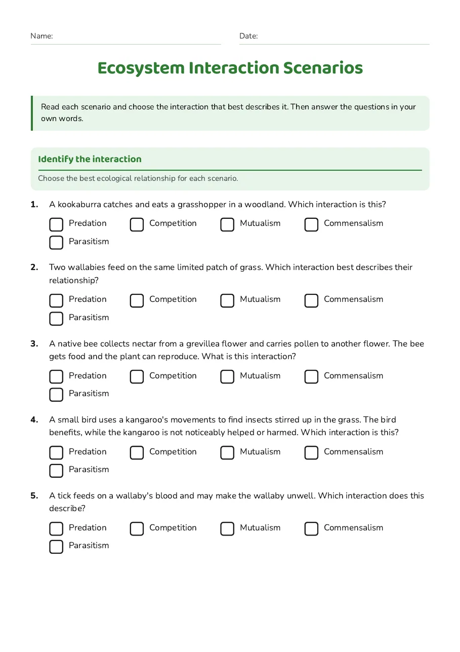 Ecosystem Interaction Scenarios, page 1 of 2: Identify the interaction