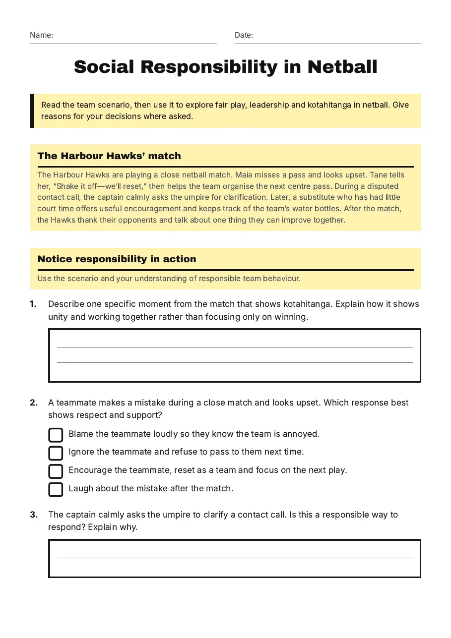 Social Responsibility in Netball, page 1 of 3: The Harbour Hawks’ match, Notice responsibility in action