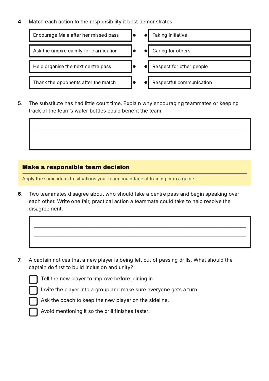 Social Responsibility in Netball, page 2 of 3: Make a responsible team decision